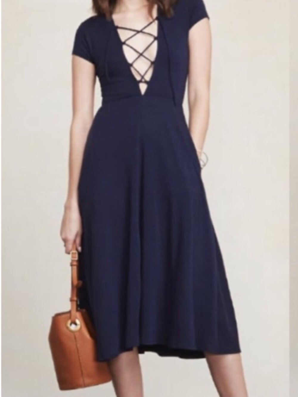 Reformation Sandy Midi Lace-Up Dress Navy Medium